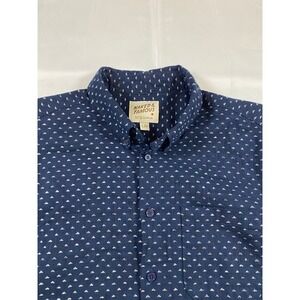 Naked and Famous Button Down Shirt Mens Large L G Navy Blue Geometric Pattern